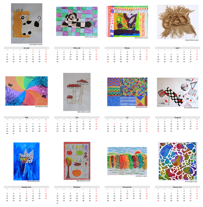 Návrh nástenného kalendára pre ZUŠ - základnú umeleckú školu s výtvarnými prácami žiakov
