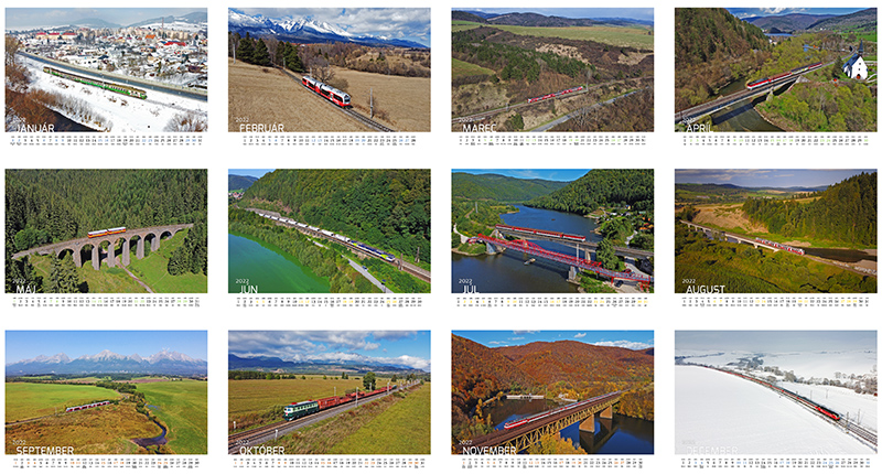 Nástenný kalendár zameraný na slovenské vlaky odfotené z výšky