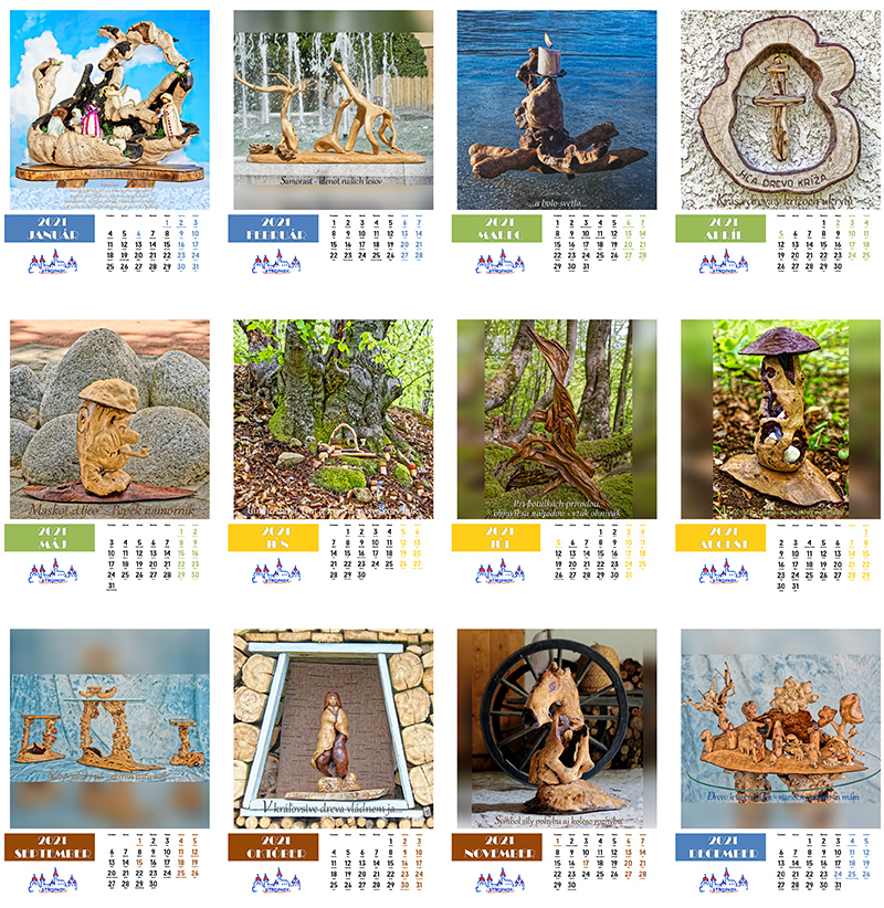 Nástenný kalendár pre umeleckého rezbára s fotografiami samorastov