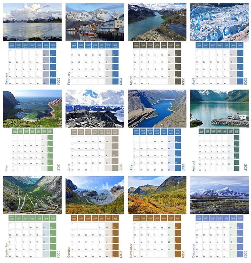 Nástenný kalendár pre cestovnú agentúru ponúkajúcu zájazdy do Nórska