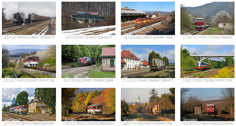 Nástenný kalendár venovaný miestnej železnici a vlakom