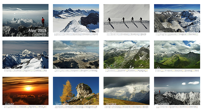 Návrh nástenného kalendára pre fotografa s fotografiami vysokohorskej turistiky