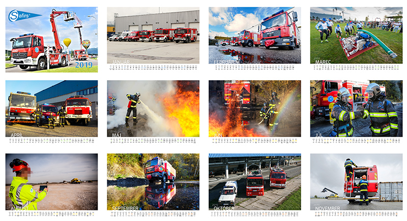 Návrh nástenného kalendára s hasičskou tematikou firmu špecializujúcu sa na BOZP, požiarnici
