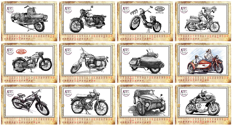 Kalendár, autoškola s tématickými fotografiami starých motocyklov