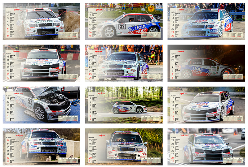 Stolový týždenný kalendár pre autobazár s fotografiami z automobilových pretekov