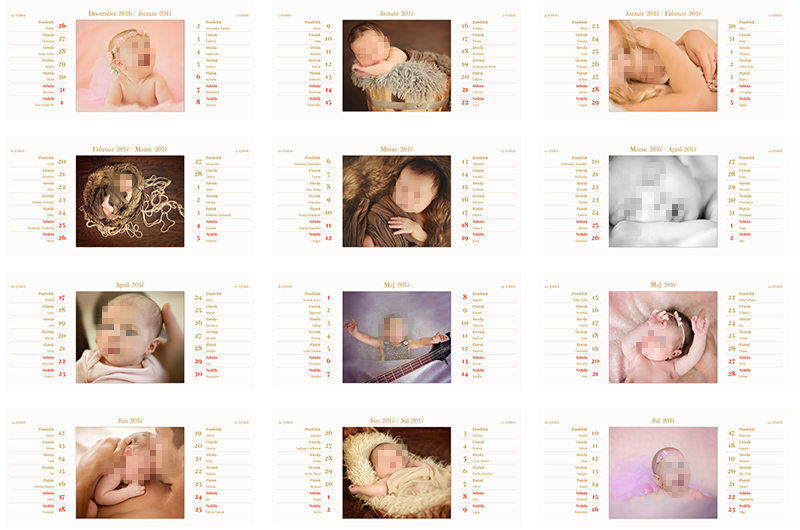 Stolový dvojtýždenný kalendár fotografky zameranej na novorodeneckú fotografiu
