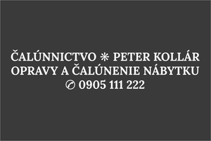 Biela elegantná nálepka na auto: ČALÚNNICTVO, Peter Kollár - opravy a čalúnenie nábytku, renovácia sedačiek, reklamný nápis s telefónom