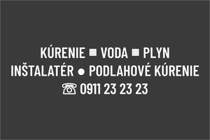 Biela reklamná nálepka na auto: KÚRENIE, VODA, PLYN - vodoinštalatérske práce, plynár a montáž podlahového kúrenia, nápis s telefónom