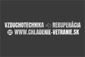 Strieborná metalická nálepka na dodávku: VZDUCHOTECHNIKA A REKUPERÁCIA, priemyselné a domáce vetranie, firemný nápis s webovou stránkou