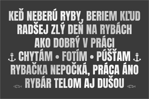 Strieborný set vyrezávaných nálepiek pre rybárov na auto s textami Keď neberú ryby beriem kľud, Radšej zlý deň na rybách ako dobrý v práci, Chytám fotím púšťam, Rybačka nepočká práca áno, Rybár telom aj dušou a rybárskymi ikonami