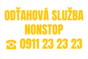 Žltá nálepka na auto: ODŤAHOVÁ SLUŽBA, nonstop odťahy vozidiel a pomoc pri nehodách, výstražná reklama s telefónom