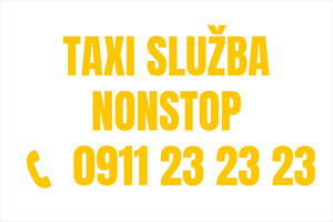 Žltá výrazná nálepka na auto: TAXI SLUŽBA, nonstop taxi a mestská preprava, tradičný reklamný nápis s telefónom
