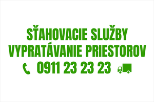 Zelená výrazná nálepka na auto: SŤAHOVACIE SLUŽBY a vypratávanie priestorov, sťahovanie bytov a kancelárií, firemný nápis s telefónom