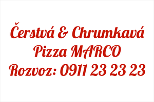 Červená vkusná nálepka na auto: ČERSTVÁ A CHRUMKAVÁ PIZZERIA, rýchly rozvoz pizze a gastro reklama na zadné sklo s telefónnym číslom