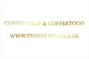 Zlatá luxusná nálepka na výklad: COFFEE SHOP a COFFEE TO GO, prémiová reklama pre kaviarne s ikonou šálky a webstránkou