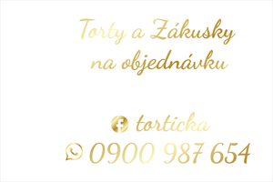Zlatá elegantná nálepka na výklad: TORTY A ZÁKUSKY NA OBJEDNÁVKU, exkluzívna pekáreň a cukráreň, vkusný nápis s webovou stránkou