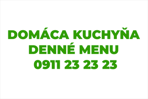 Zelená čerstvá nálepka na auto: DOMÁCA KUCHYŇA a denné menu, obedové menu a rozvoz jedla, gastro reklama s telefónnym číslom