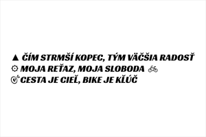 Červený set vyrezávaných nálepiek na bicykel a auto s textami Čím strmší kopec tým väčšia radosť, Moja reťaz moja sloboda, Cesta je cieľ bike je kľúč a cyklistickými motívmi