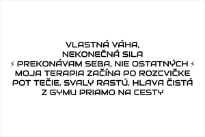 Čierny set vyrezávaných nálepiek pre fitness na auto s textami Vlastná váha nekonečná sila, Prekonávam seba nie ostatných, Moja terapia začína po rozcvičke, Pot tečie svaly rastú hlava čistá, Z gymu priamo na cesty a športovými motívmi