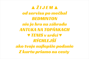 Set 5 dizajnových vinylových nálepiek pre raketové športy s využitím športových symbolov, ALL CAPS textov a dynamického zalomenia riadkov
