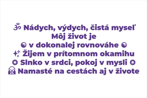 Set 5 vinylových nálepiek pre jogínov a milovníkov jogy: Nádych výdych čistá myseľ, Môj život je v dokonalej rovnováhe, Žijem v prítomnom okamihu, Slnko v srdci pokoj v mysli, Namasté na cestách aj v živote