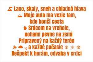 Set 5 vinylových nálepiek pre záchranárov a horskú službu: Lano skaly sneh a chladná hlava, Moje auto ma vezie tam kde končí cesta, Srdcom na vrchole nohami pevne na zemi, Pripravený na každý terén a každé počasie, Rešpekt k horám odvaha v srdci