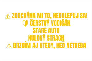 Žltý set 3 vtipných textových nálepiek pre nových vodičov s ikonami výstrahy, začiatočníka a stopky