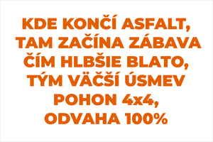 Oranžový set vyrezávaných nálepiek na 4x4 auto a štvorkolku s textami Kde končí asfalt tam začína zábava, Čím hlbšie blato tým väčší úsmev, Pohon 4x4 odvaha 100% a offroad motívmi